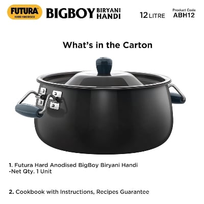 Picture of Hawkins Futura 12 Litre Bigboy Biryani Handi, Polished Hard Anodised Pot with Hard Anodised Lid, Sauce Pan for Cooking and Serving Biriyani